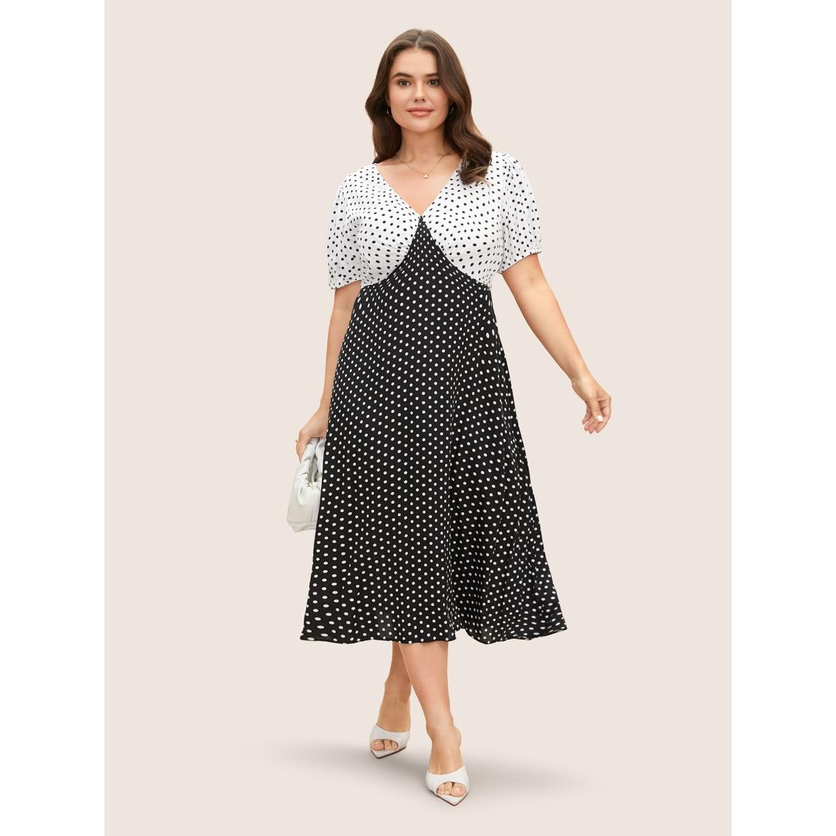 Plus Size Polka Dot Contrast Lantern Sleeve Midi Dress Black Women At the Office Contrast V-neck Short sleeve Curvy BloomChic 12/L Product Image