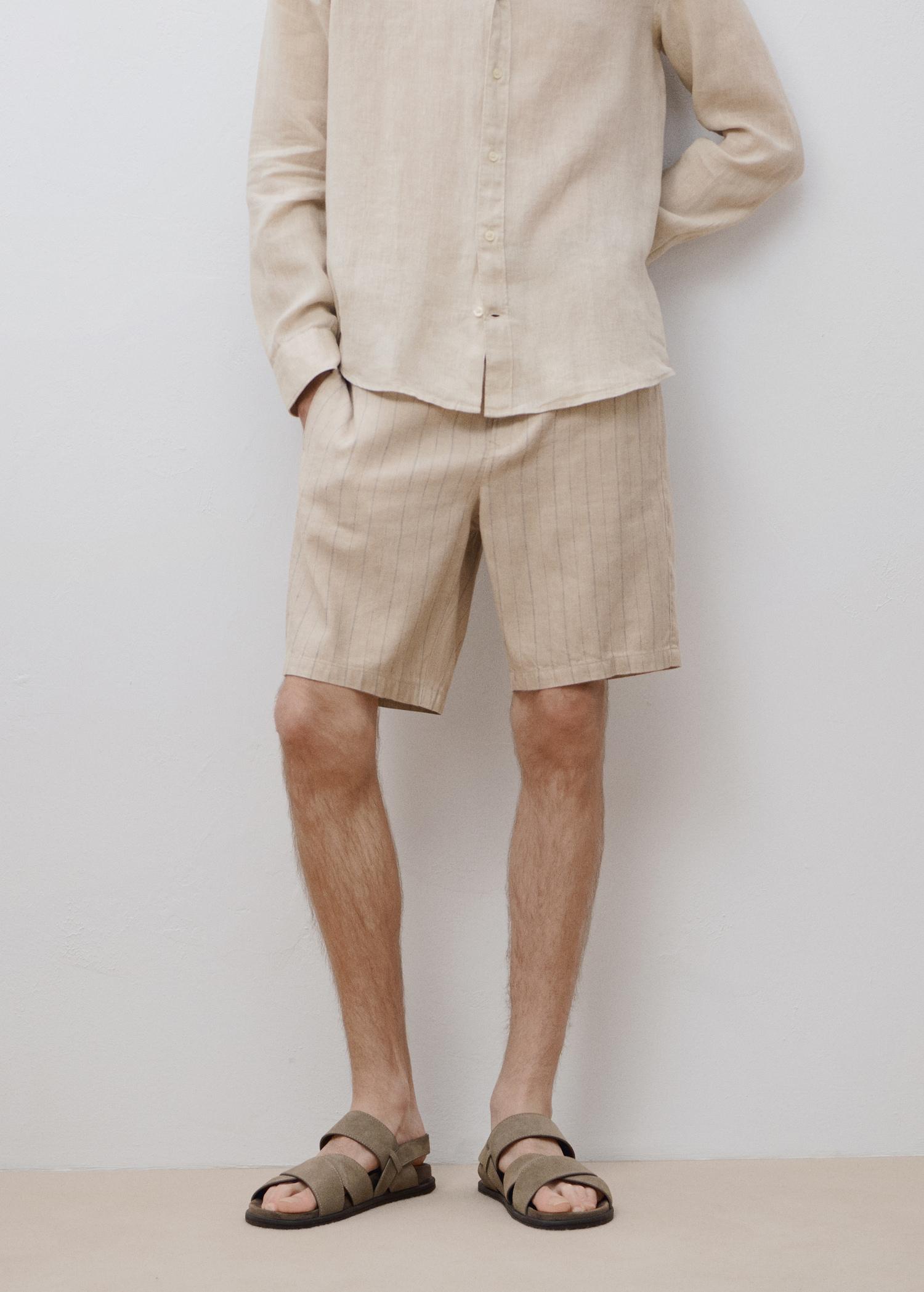 Striped linen-blend Bermuda shorts - Men | MANGO USA Product Image