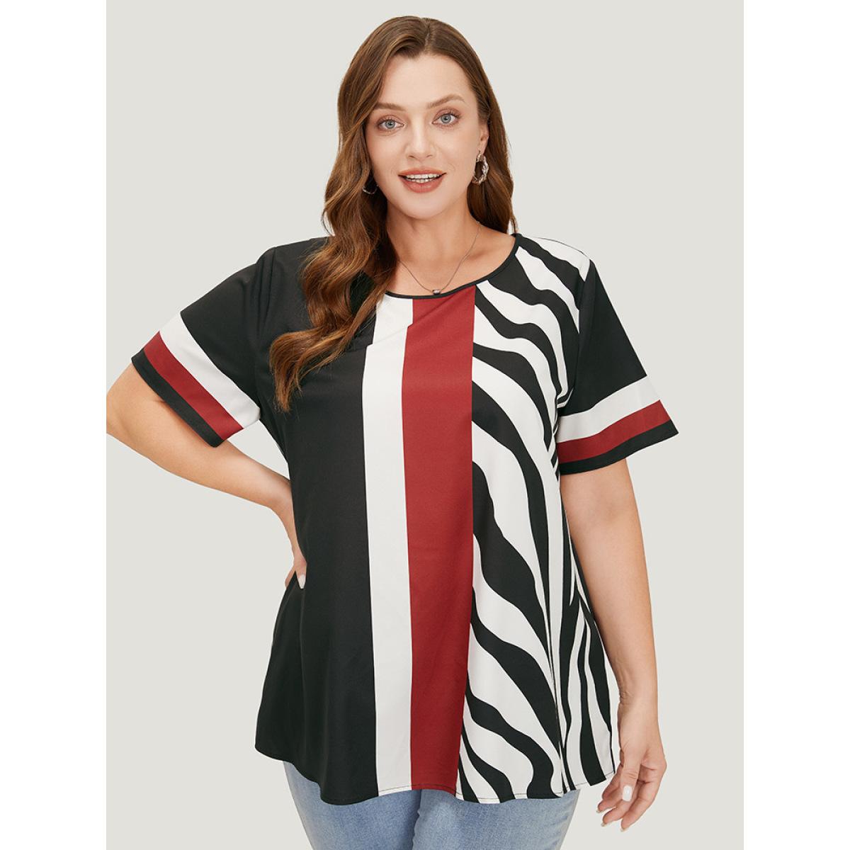 Plus Size Multicolor Striped & Geometric Print Crew Neck Blouse Women Elegant Short sleeve Round Neck Dailywear Blouses BloomChic 22-24/3X Product Image