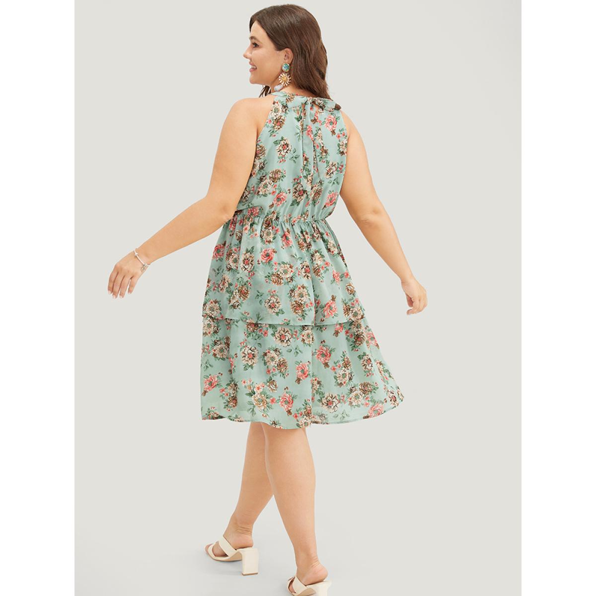 Plus Size Floral Pocket Ruffle Tiered Keyhole Knotted Halter Dress Mint Women Elegant Lined Halter neck Sleeveless Curvy Knee Dress BloomChic 14-16/1X Product Image