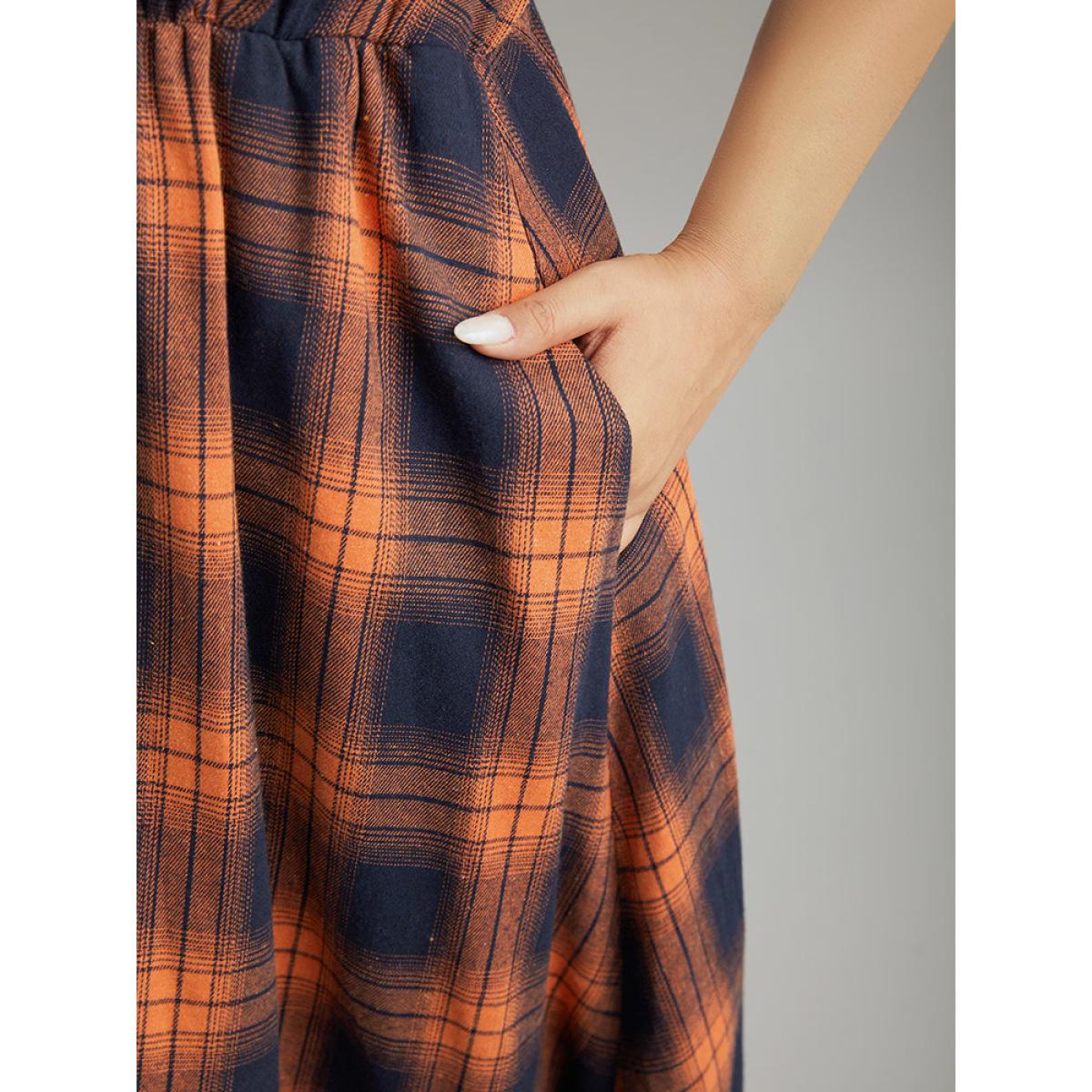 Plus Size Plaid Shirred Ruffles Pocket Dress Orange Women Elegant Printed V-neck Short sleeve Curvy Midi Dress BloomChic 30/6X Product Image