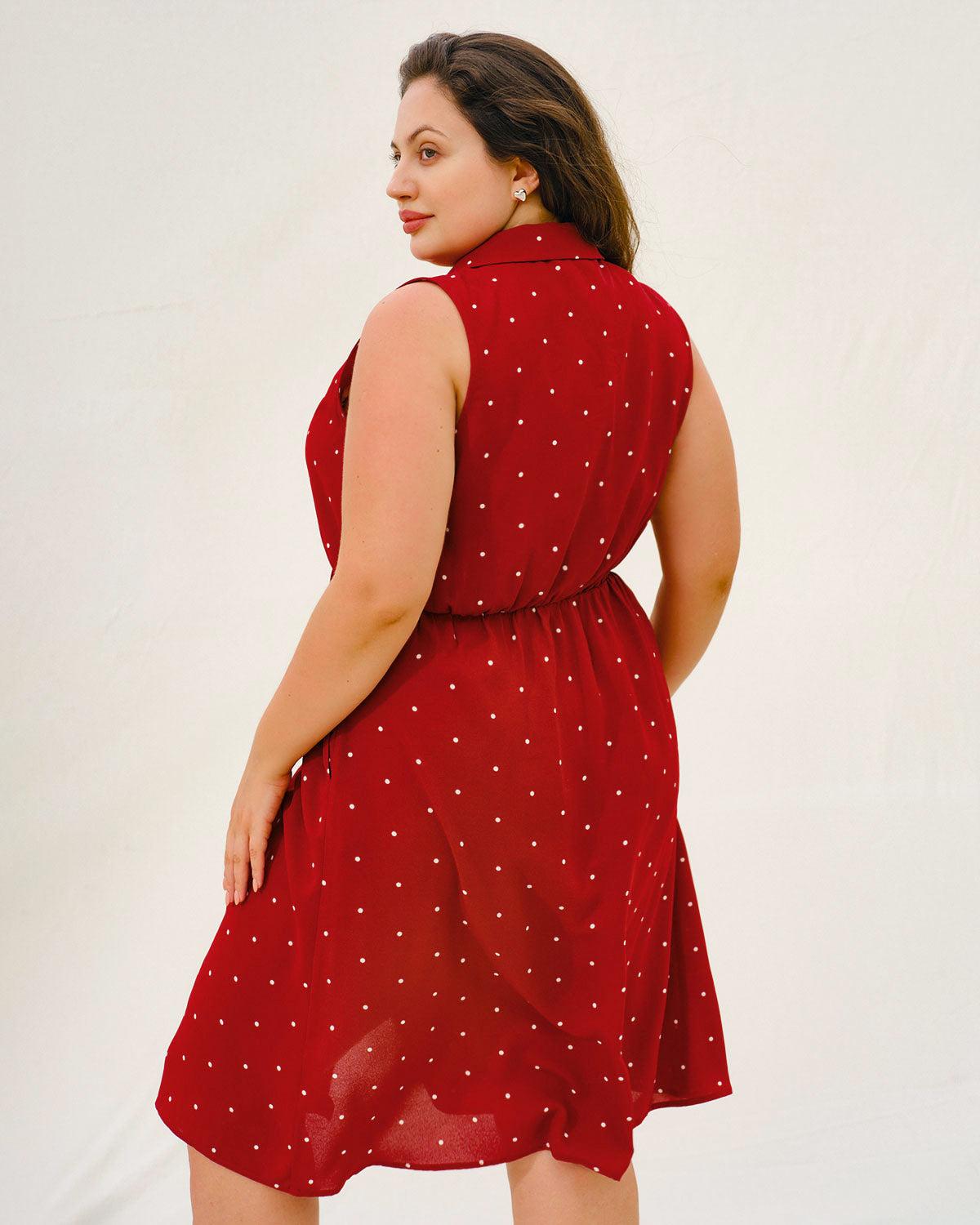 Red Polka Dot Plus Size Button Midi Dress Product Image