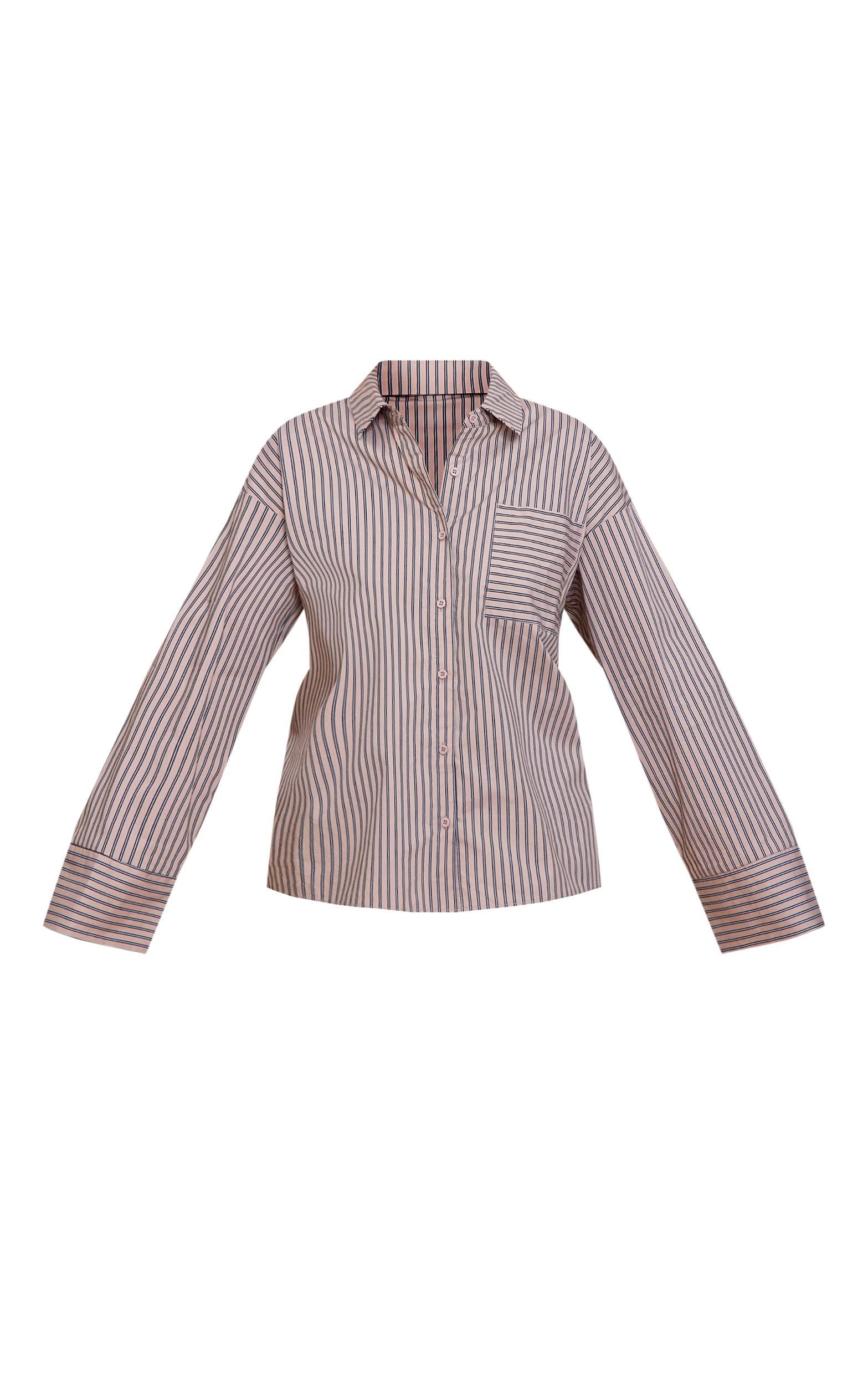 Stone Woven Pinstripe Balloon Sleeve Oversized Shirt Product Image