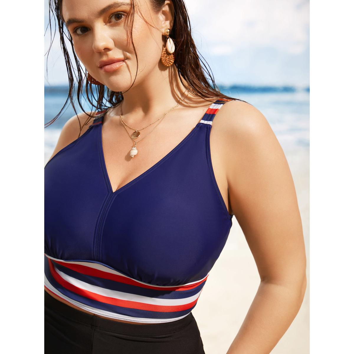 Plus Size Contrast Striped V Neck Gathered Swim Top Women's Swimwear Indigo Beach Gathered High stretch Skinny V-neck Curve Swim Tops BloomChic 26/4X Product Image