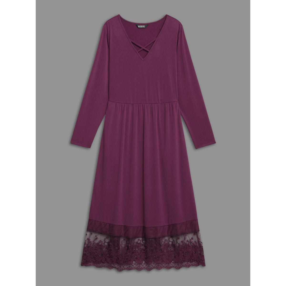 Plus Size Floral Embroidered Mesh Crisscross Dress Deeppurplered Women Timeless Woven ribbon&lace trim Round Neck Long Sleeve Curvy BloomChic 22-24/3X Product Image