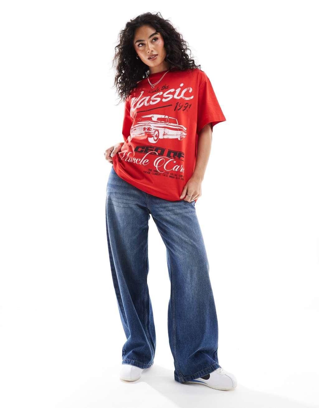 ASOS DESIGN oversized T-shirt with classic car graphic in red Product Image