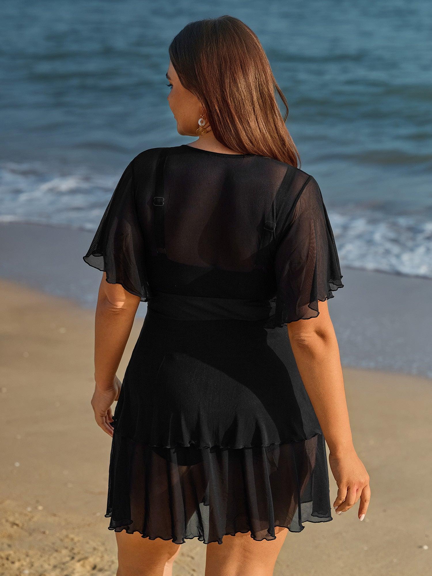 Sheer Ruffled Sleeve Layered Swim Dress Female Product Image