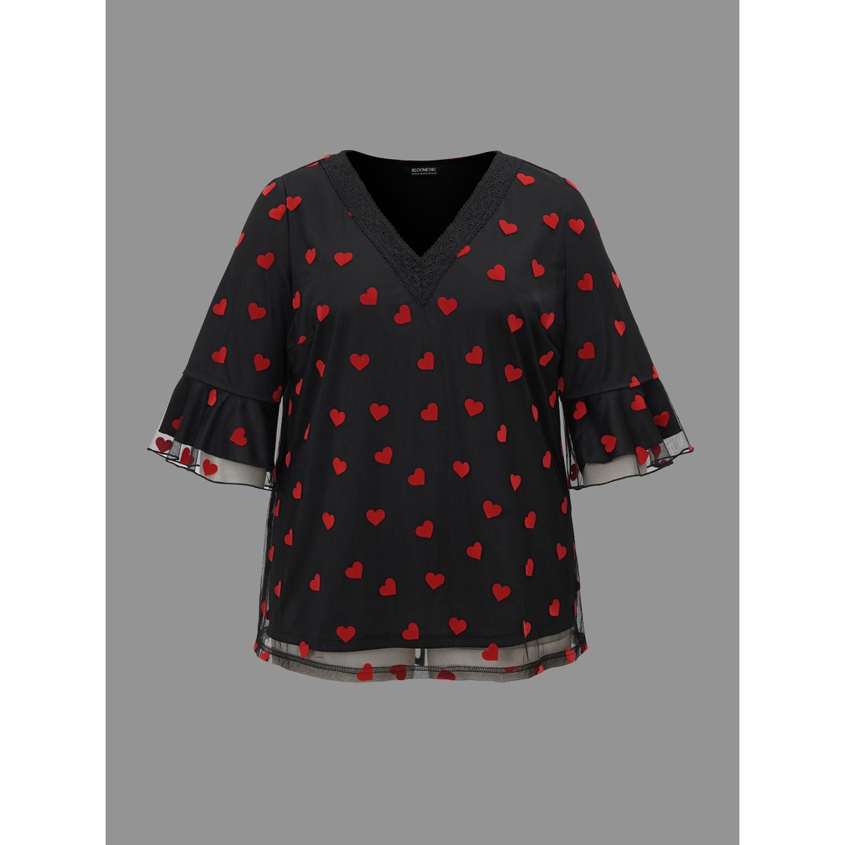 Plus Size Black V-Neck Hearts Mesh Lace Detailing Blouse Women Elegant Elbow-length sleeve V-neck Everyday Blouses BloomChic 14-16/1X Product Image