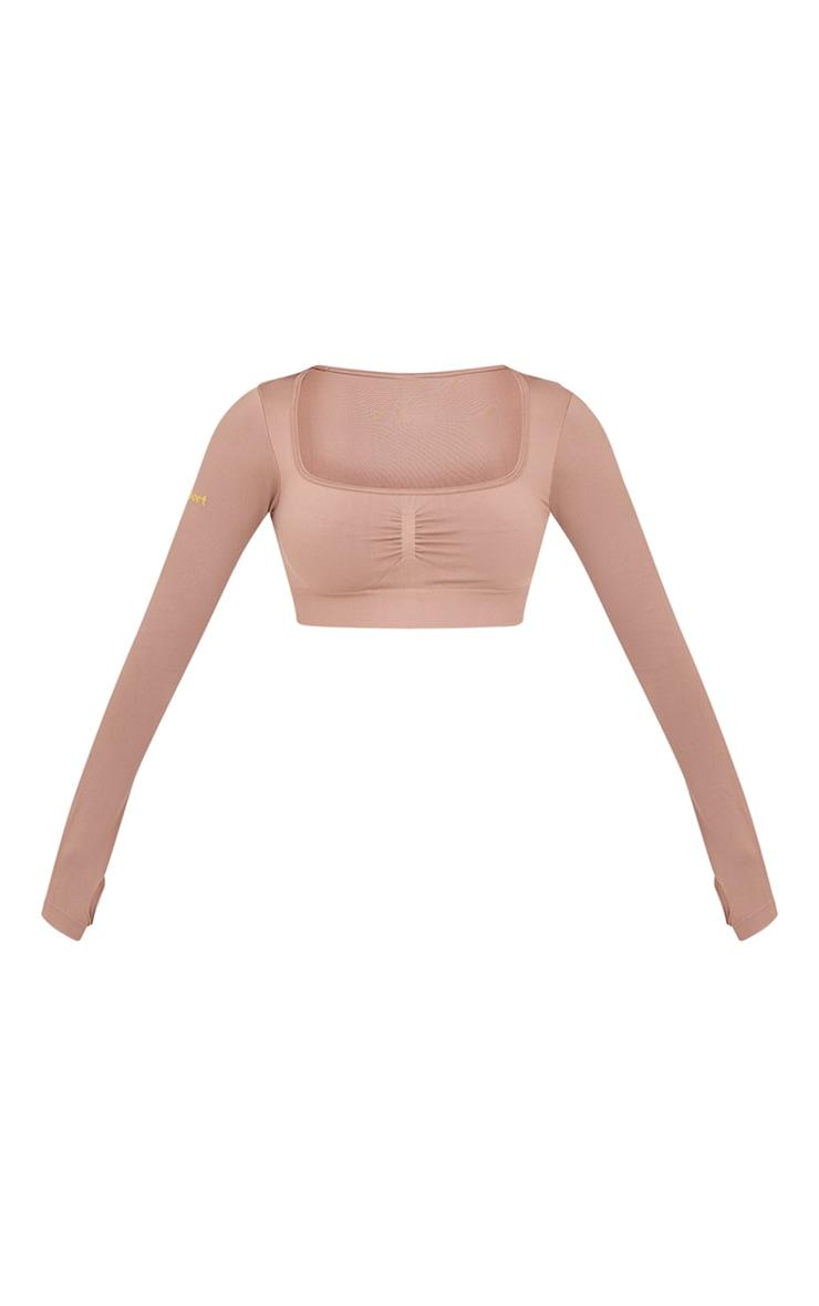 PLT SPORT Light Mocha Seamless Contrast Branding Square Neck Top Product Image