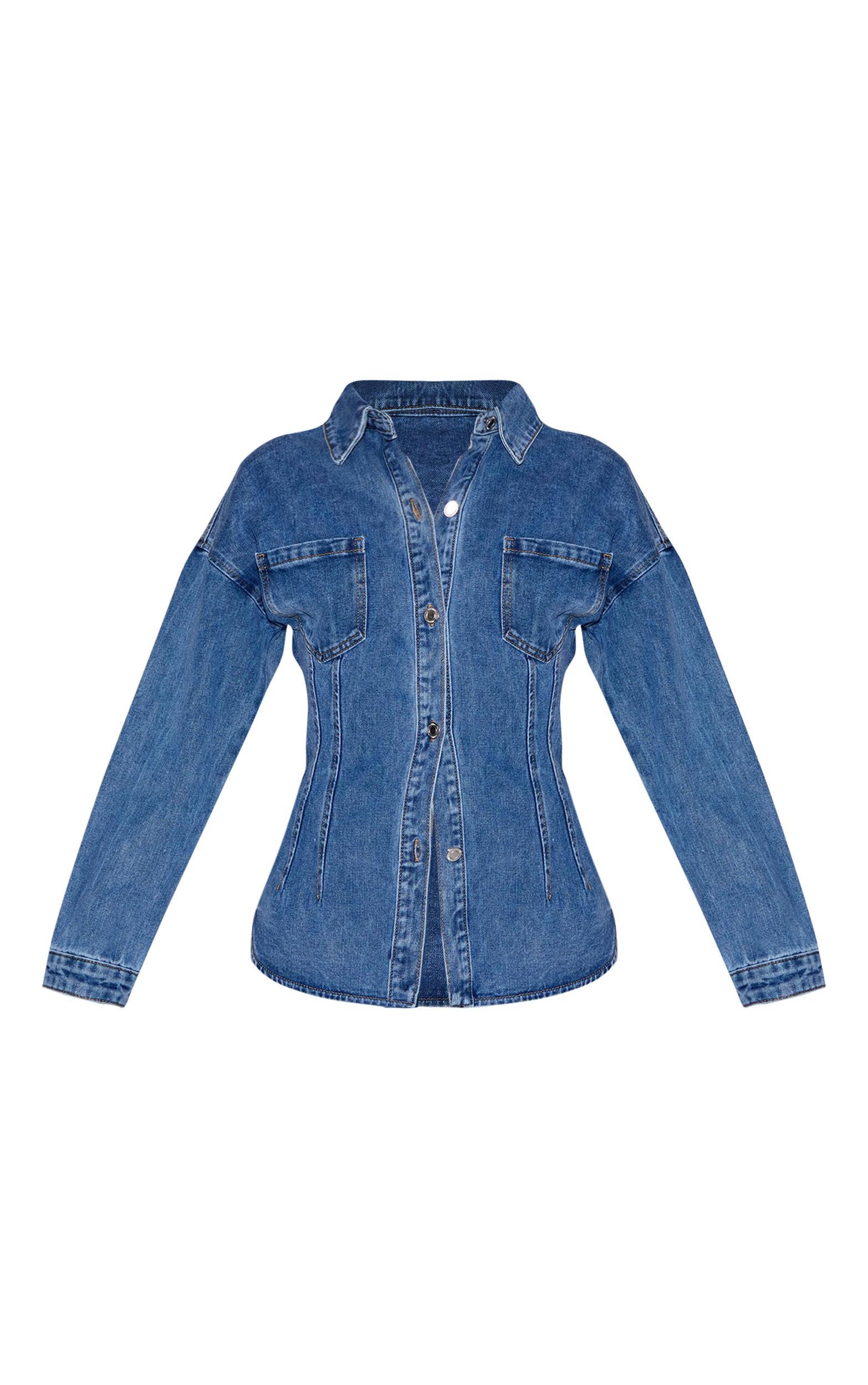  Mid Blue Wash Seam Detail Cinch Waist Longline Shirt Product Image