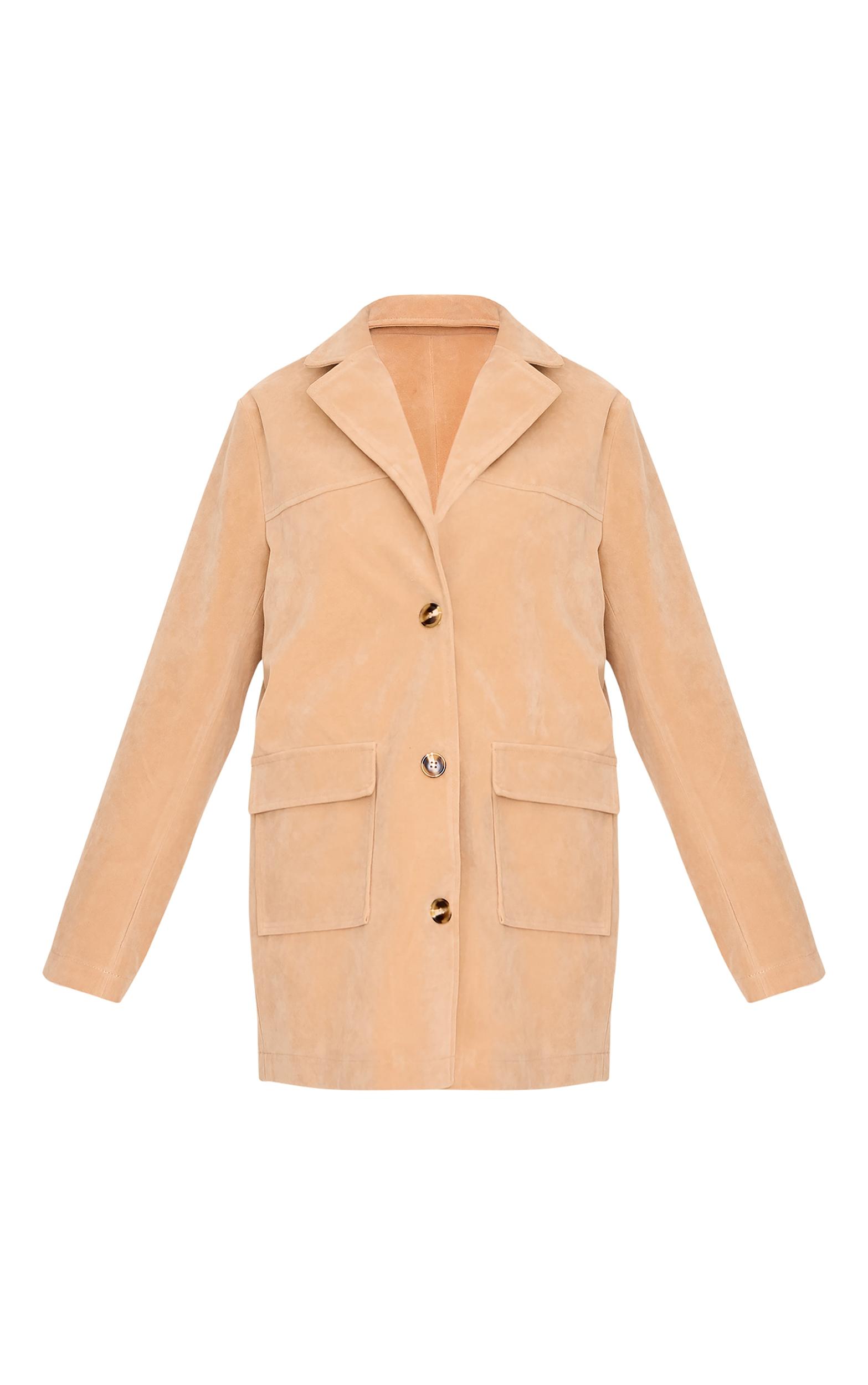 Beige Oversized Longline Faux Suede Blazer Coat Product Image