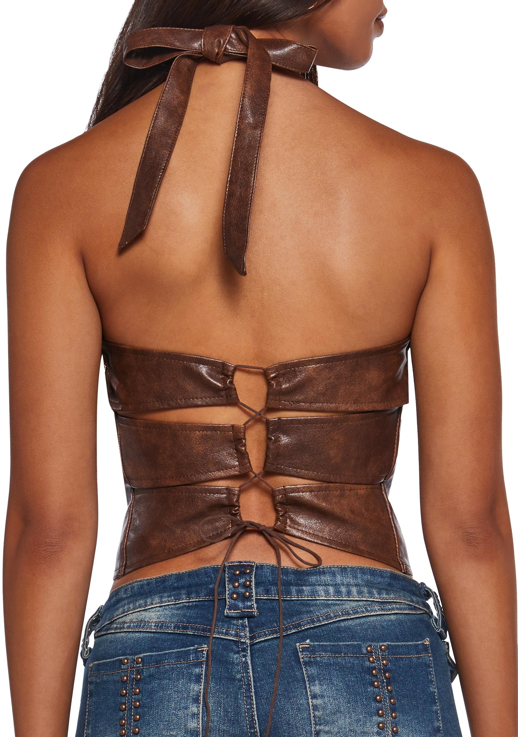 Womens Vegan Leather Halter Top - Brown Product Image