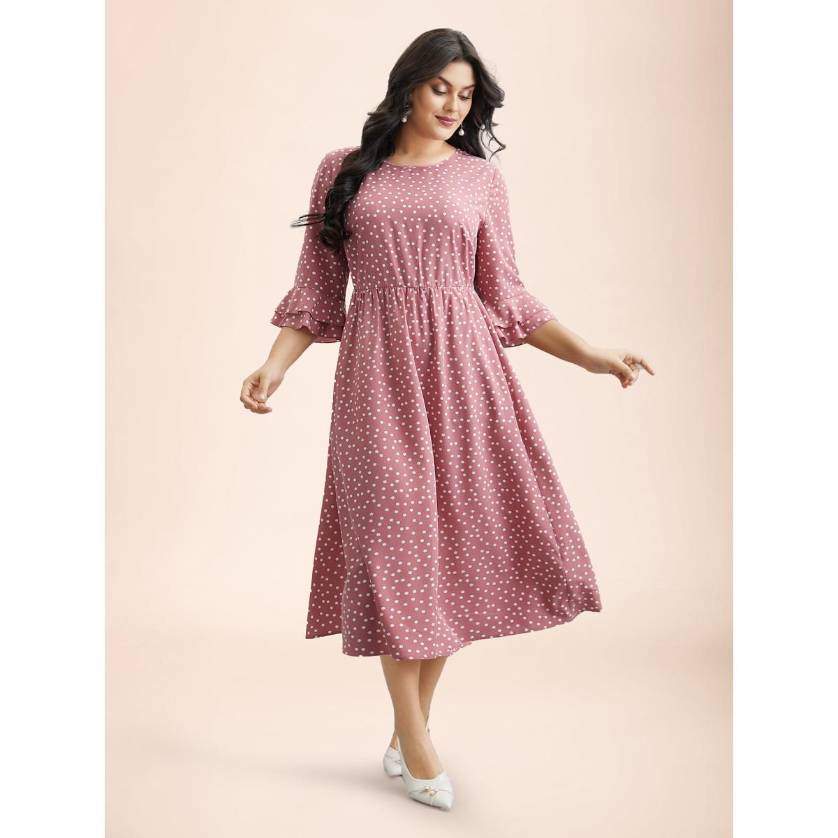 Plus Size Polka Dot Print Tiered Ruffles Sleeve Midi Dress Watermelon Women Elegant Ruffles Round Neck Elbow-length sleeve Curvy BloomChic 30/6X Product Image