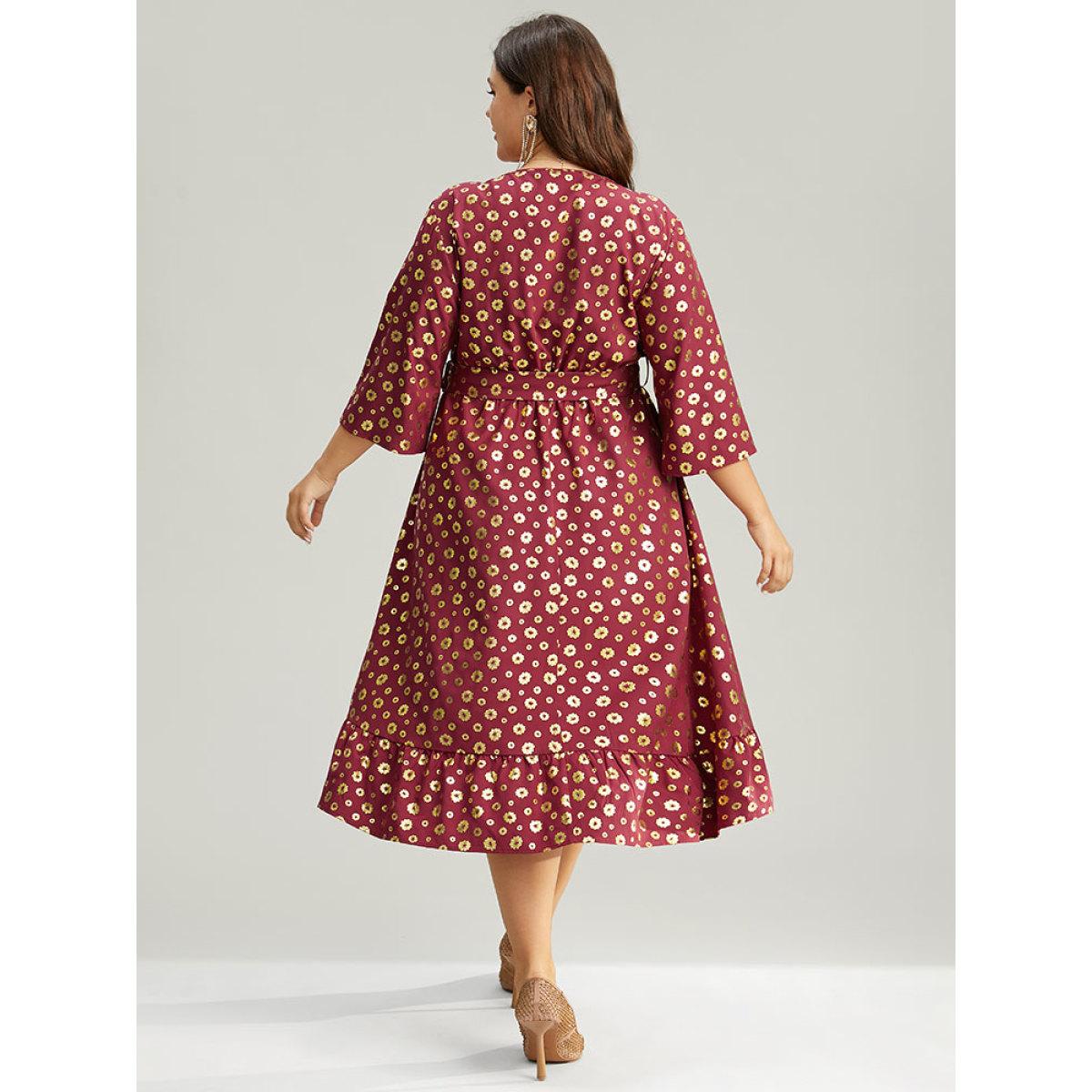 Plus Size Colorblock Glitter Bowknot Belted Pocket Dress Scarlet Women Party Wrap Overlap Collar Elbow-length sleeve Curvy Midi Dress BloomChic 12/L Product Image