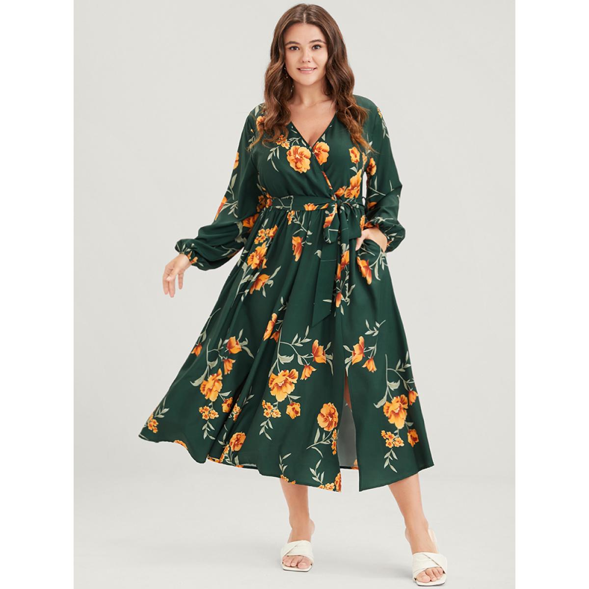 Plus Size Floral Pocket Lantern Sleeve Flutter Split Hem Ties Wrap Dress DarkGreen Women Elegant Cross straps V-neck Long Sleeve Curvy Midi Dress BloomChic 22-24/3X Product Image