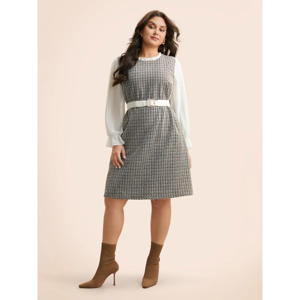 Plus Size Tweed Patchwork Ruffle Trim Dress Black Women Elegant Texture Mock Neck Long Sleeve Curvy BloomChic 30/6X Product Image