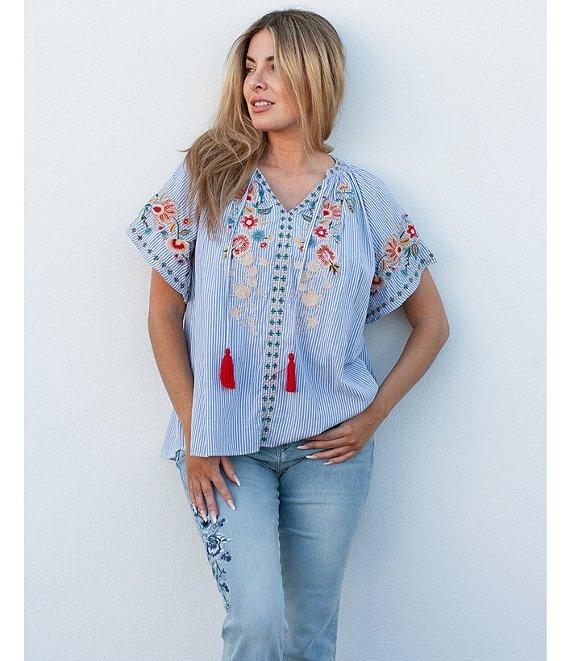 Karyn Seo Adira Floral Embroidered Tassel V-Neck Short Flutter Sleeve Top Product Image