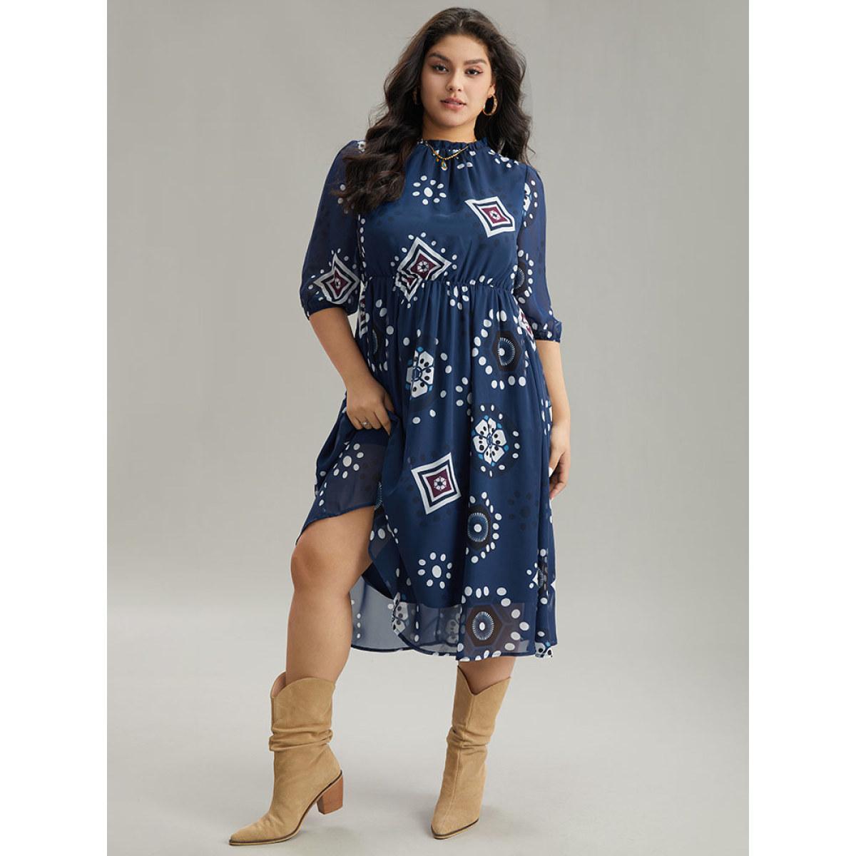 Plus Size Geometric Mesh Stand Collar Frill Trim Dress DarkBlue Women Vacation Elastic cuffs Stand-up collar Elbow-length sleeve Curvy Midi Dress BloomChic 26/4X Product Image