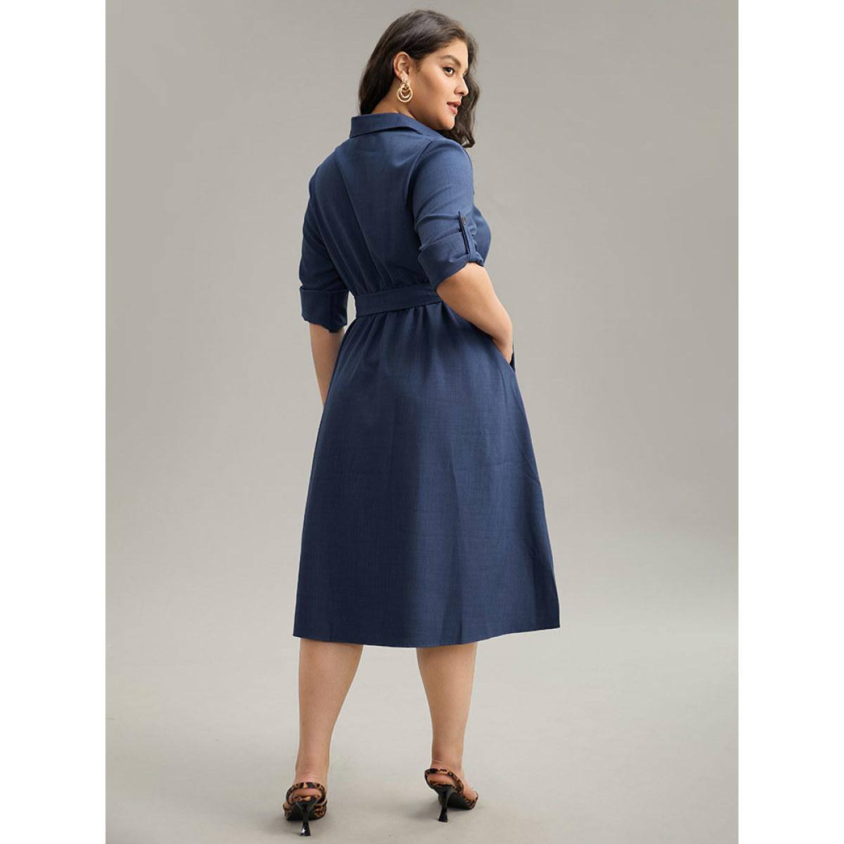 Plus Size Static-Free solid Belted Tab Sleeve Dress Indigo Women Office Plain Shirt collar Long Sleeve Curvy Midi Dress BloomChic 28/5X Product Image
