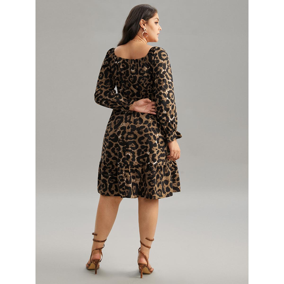 Plus Size Square Neck Leopard Shirred Ruffles Dress Leopard Women Elegant Gathered Square Neck Long Sleeve Curvy Knee Dress BloomChic 26/4X Product Image
