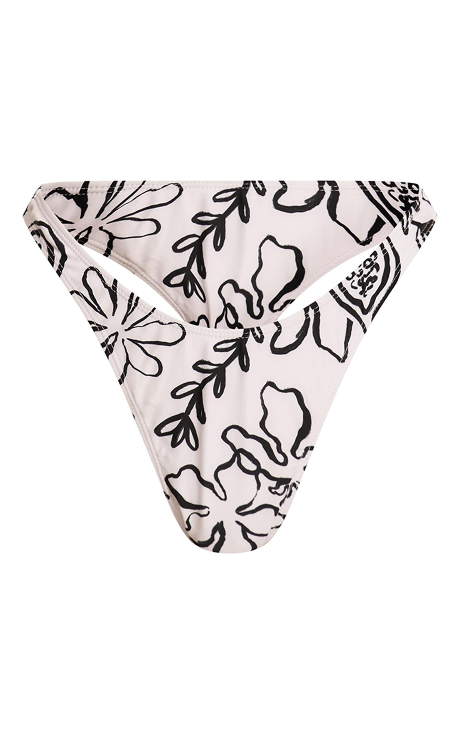 White Monochrome Floral Tanga Bikini Bottoms Product Image