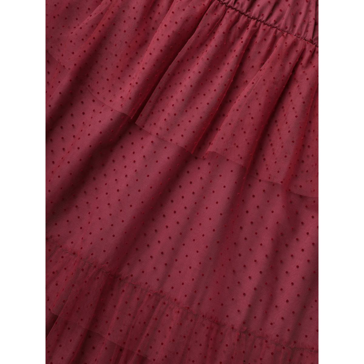 Plus Size Polka Dot Sheer Mesh Tiered Dress Burgundy Women Cocktail Texture Party Curvy Bloomchic 22-24/3X Product Image