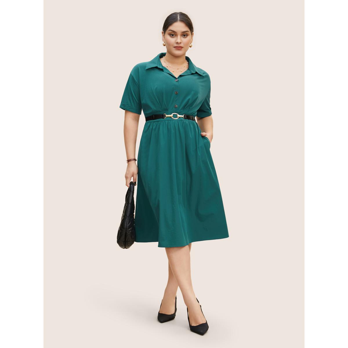 Plus Size Shirt Collar Pleated Button Detail Gathered Midi Dress Cyan Women Work From Home Gathered Shirt collar Short sleeve Curvy BloomChic 10/M Product Image