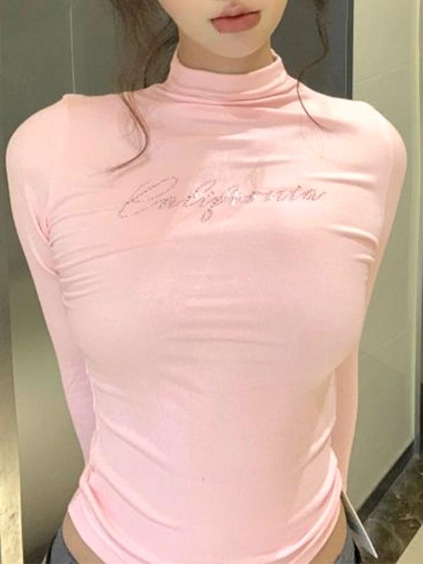 Letter Rhinestone Print Mock Neck Long Sleeve Tee Product Image