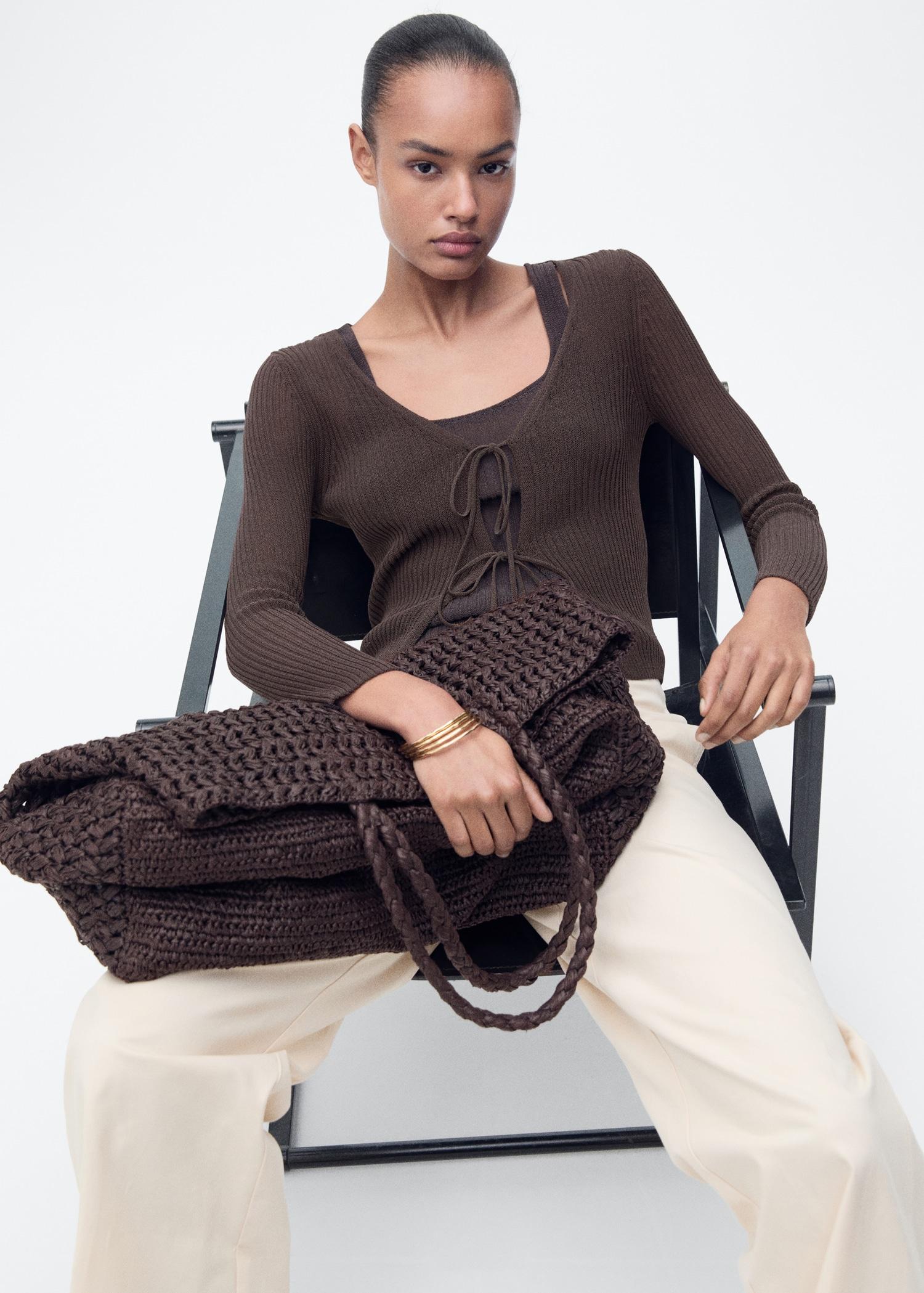 Rib-knit cardigan with bows - Women | MANGO USA Product Image