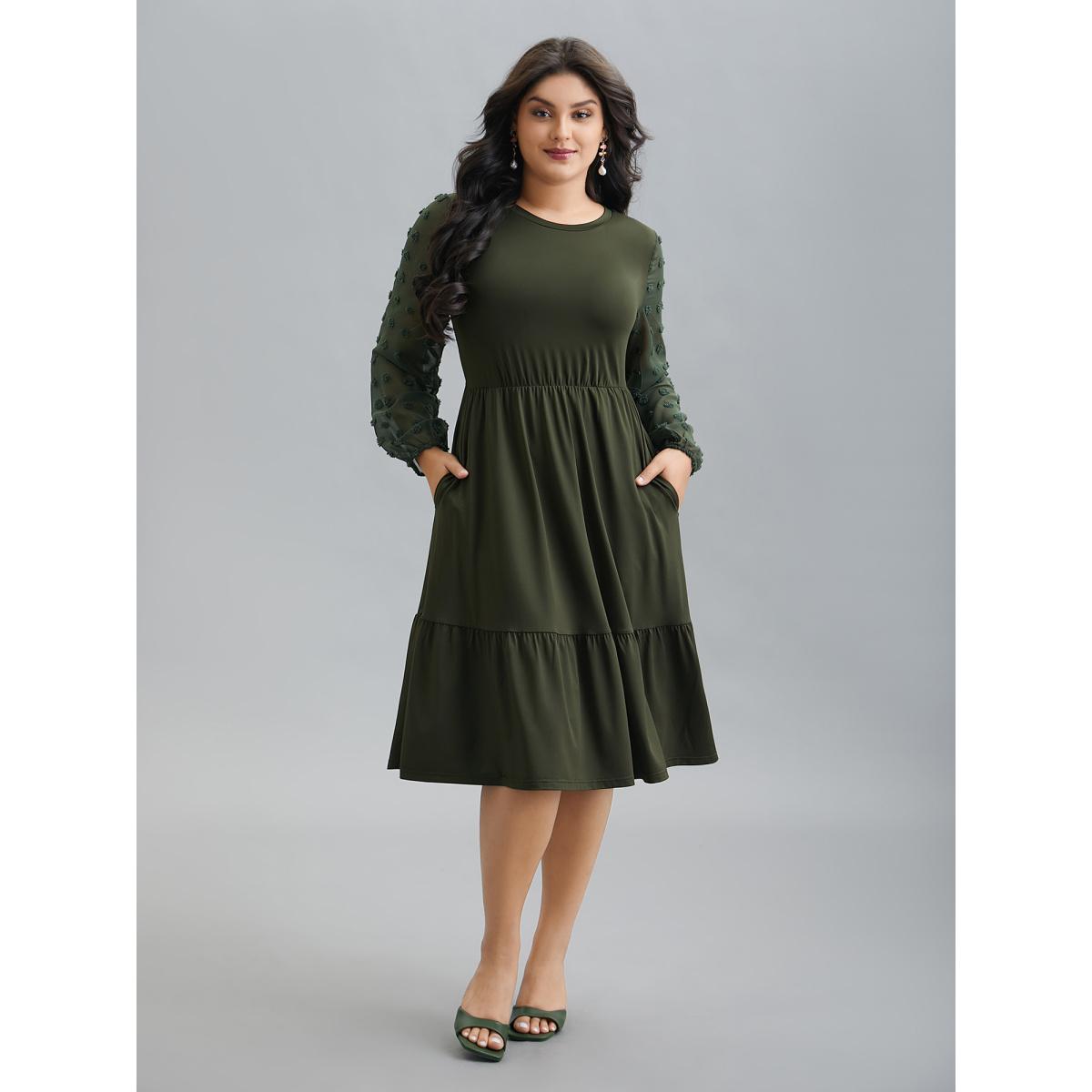 Plus Size Sheer Chiffon Textured Waist-Defined Midi Dress ArmyGreen Women Elegant Texture Round Neck Extra Long Sleeve Curvy BloomChic 28/5X Product Image