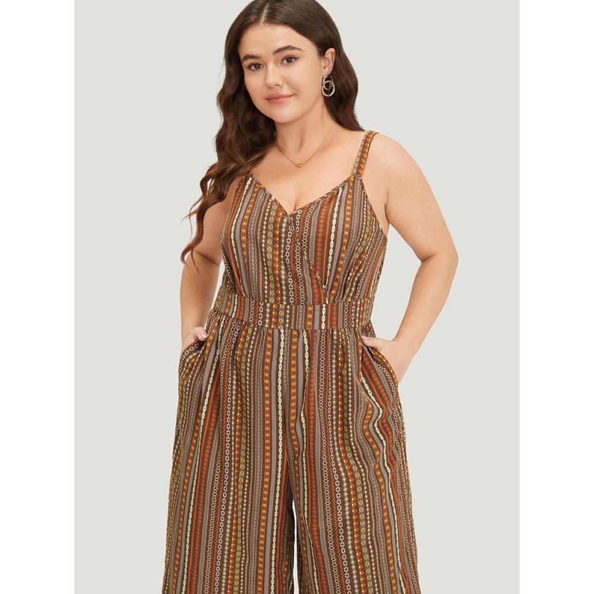 Plus Size DarkBrown Bandana Print Pocket Adjustable Straps Wrap Cami Jumpsuit Women Elegant Sleeveless Spaghetti Strap Dailywear Loose Jumpsuits BloomChic 12/L Product Image