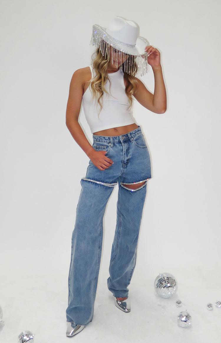 Gem Diamante Trim Wide Leg Denim Jeans Product Image