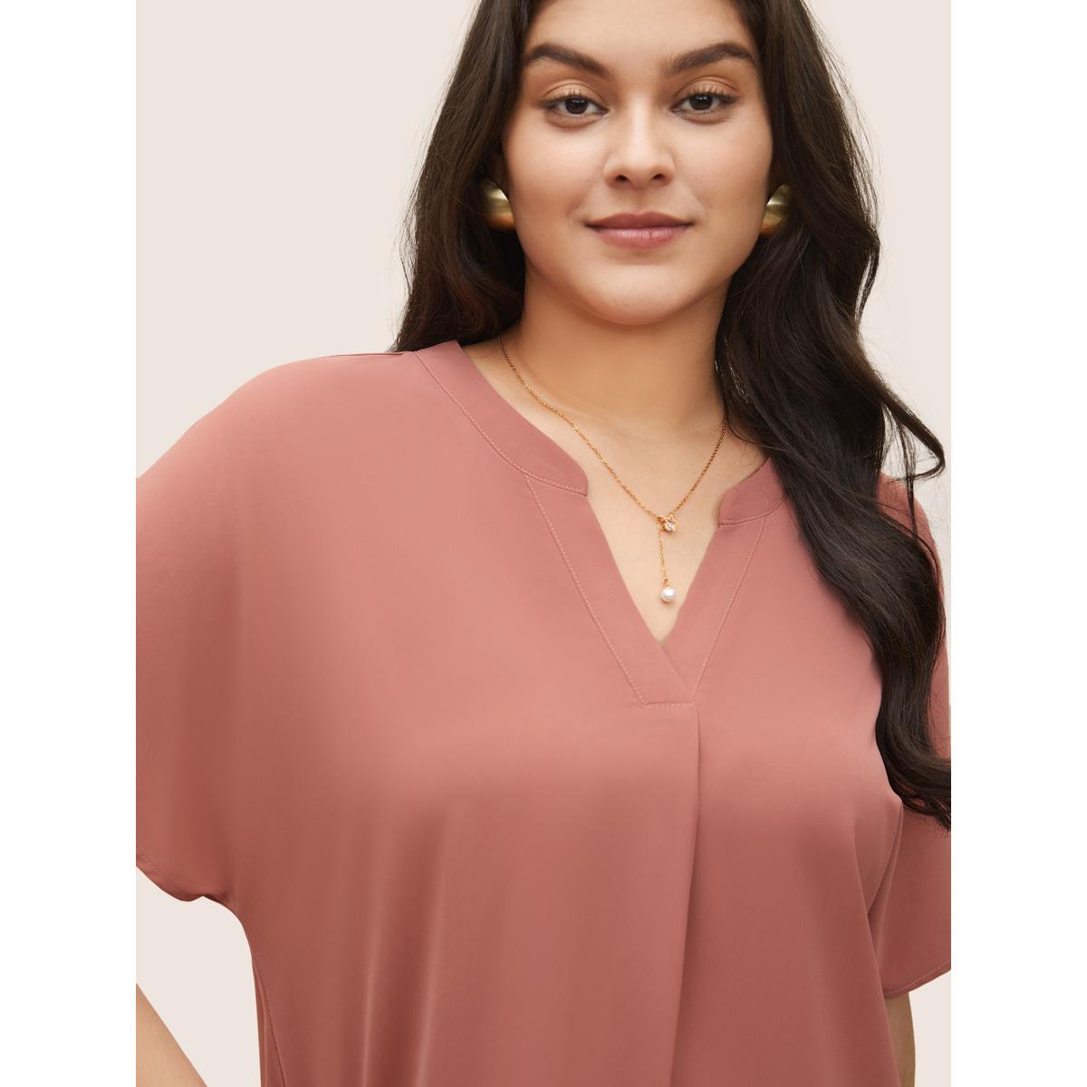 Plus Size DustyPink Plain Pleated Notched Dolman Sleeve Blouse Women Work From Home Short sleeve Notched collar Work Blouses BloomChic 18-20/2X Product Image