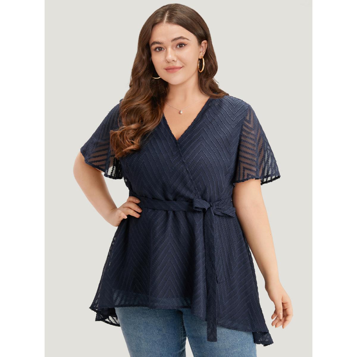 Plus Size Indigo Plain Textured Belted Wrap Mesh Flutter Sleeve Blouse Women Elegant Short sleeve V-neck Dailywear Blouses BloomChic 28/5X Product Image