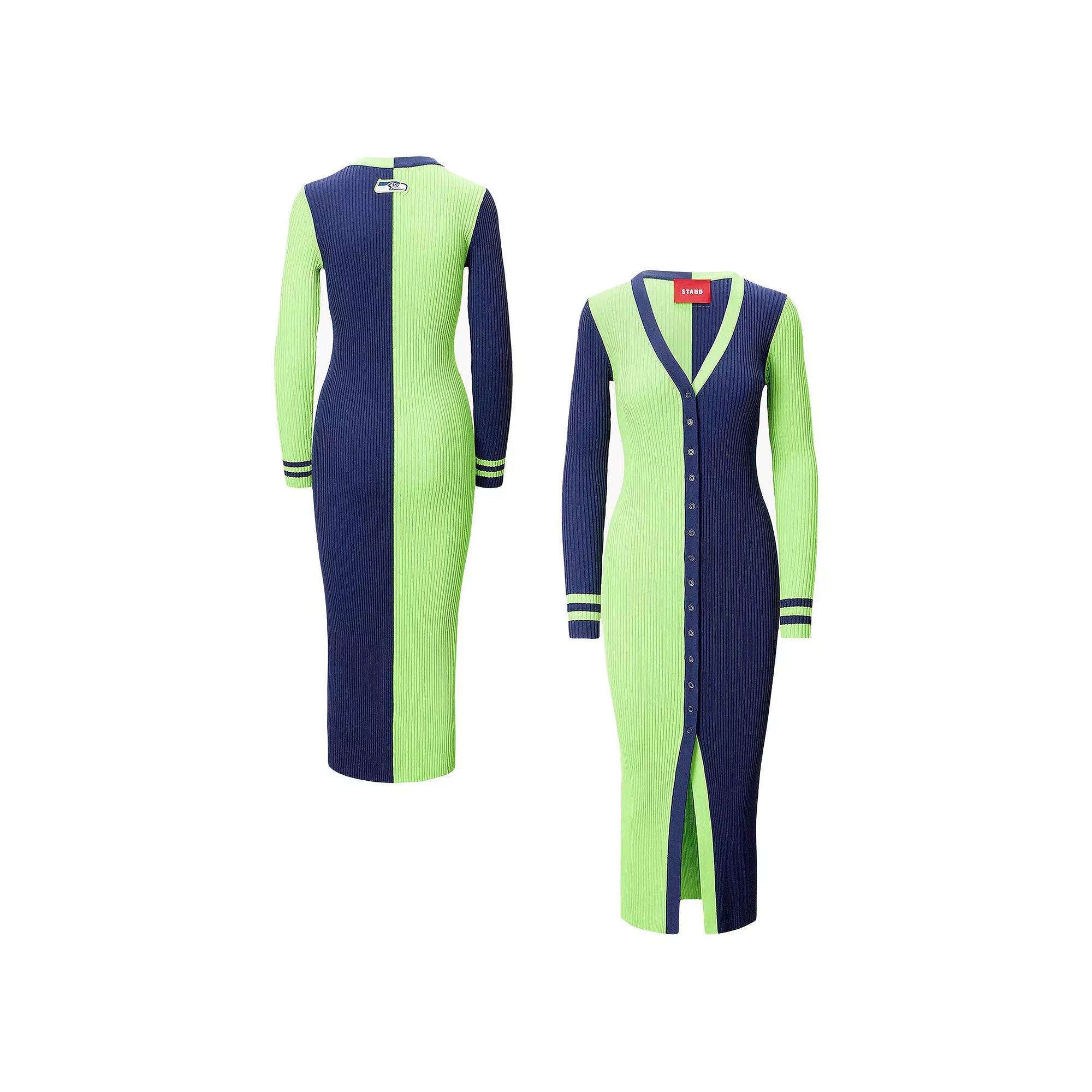 Women's Neon Green/College Navy Seattle Seahawks Shoko Knit Button-Up Sweater Dress, Size: Large, Brt Gr Product Image