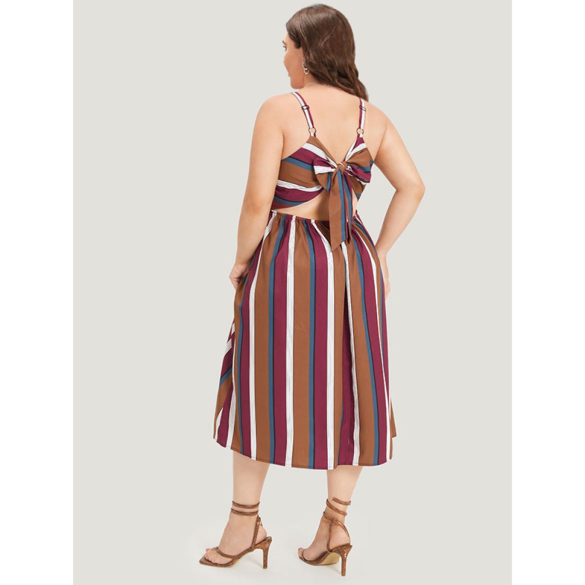 Plus Size Striped Bowknot Cut Out Split Hem Gathered Cami Dress Multicolor Women Elegant Knotted Spaghetti Strap Sleeveless Curvy Midi Dress BloomChic 30/6X Product Image