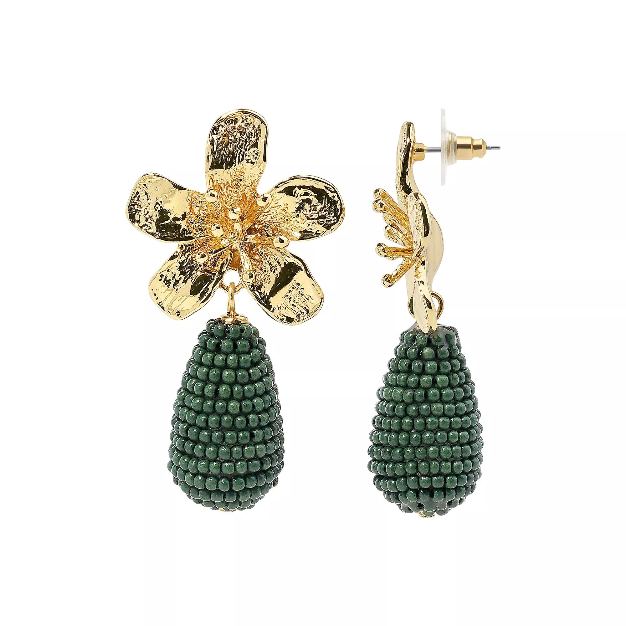 Emberly Gold Tone Flower Drop Teardrop Bead Earrings, Women's, Green Product Image