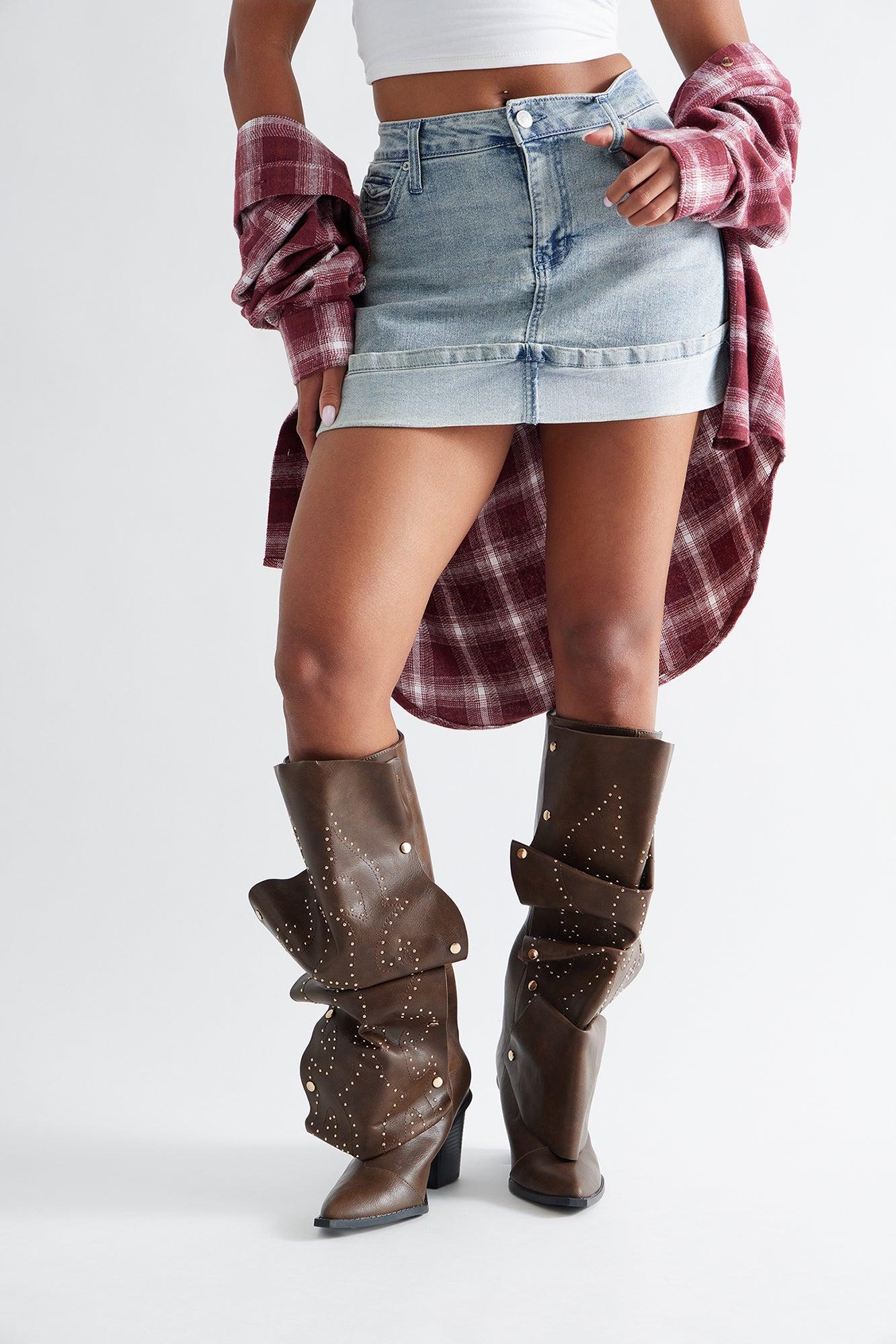 Armor Studded Knee High Boots - Brown Female Product Image