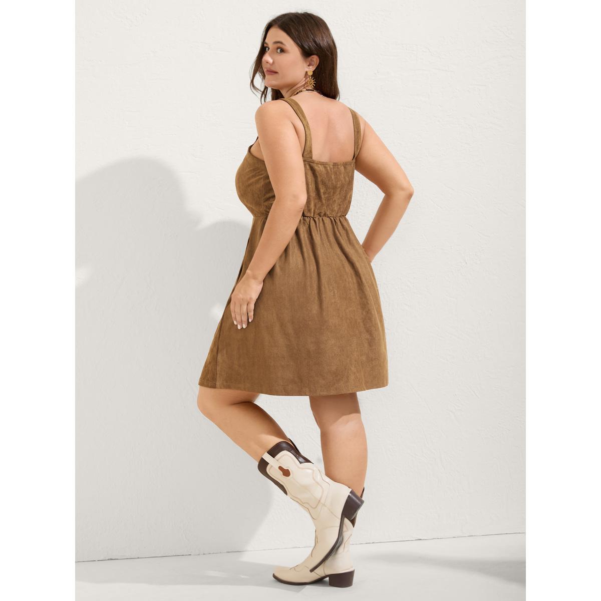 Plus Size Suede Button Placket Sweetheart Midi Dress Browncoffeecolor Women Boho Square Neck Sleeveless Curvy BloomChic 12/L Product Image