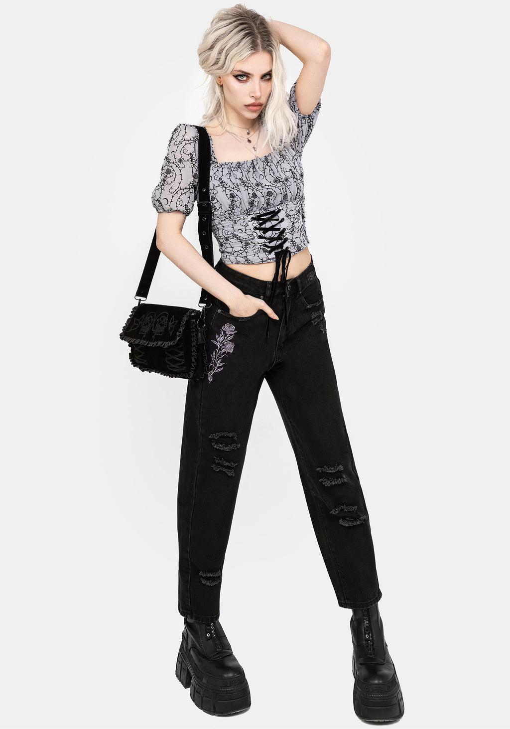 Deadhead Rose Embroidered Distressed Denim Barrel Leg Jeans Product Image