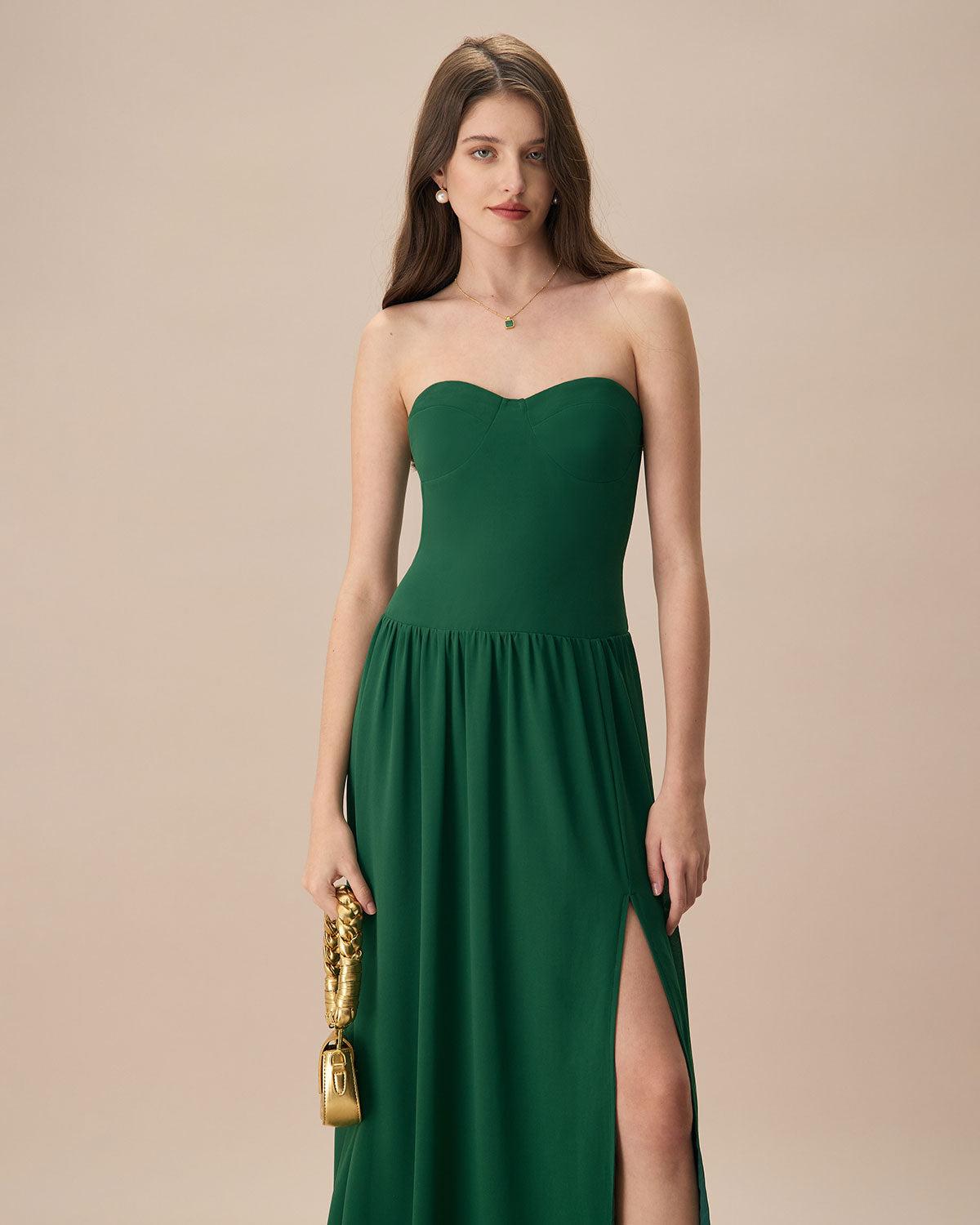 The Green Sweetheart Neck Ruched Maxi Dress Product Image