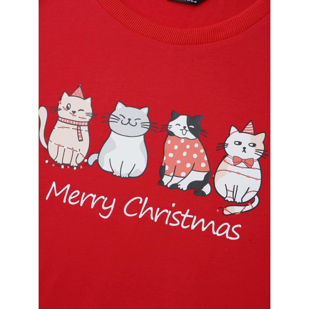Plus Size Festive Cats Print Relaxed Fit Sweatshirt Women Brightred Casual Non Round Neck Everyday Sweatshirts BloomChic 10/M Product Image