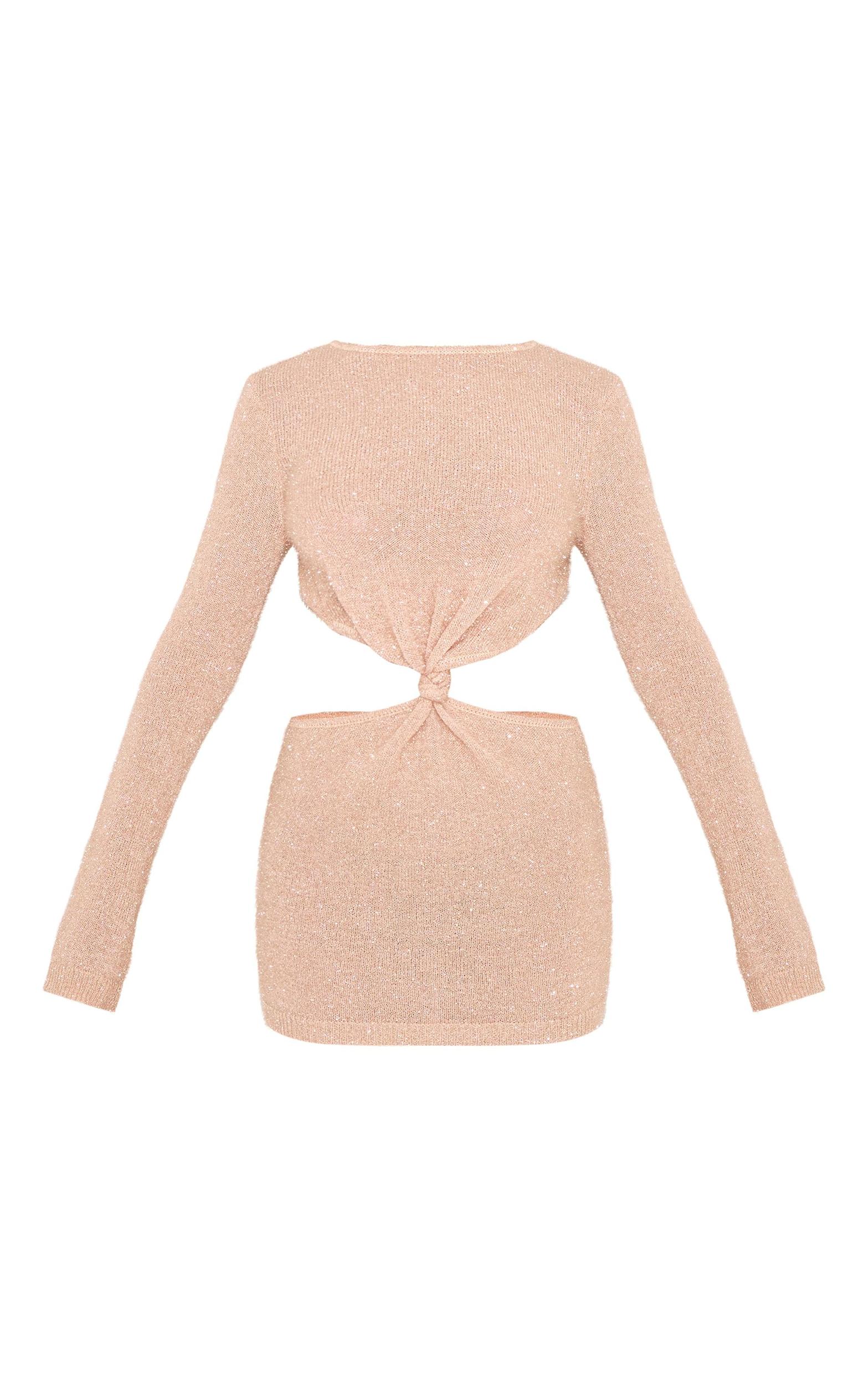 Champagne Tinsel Knit Twist Front Open Back Mini Dress Product Image