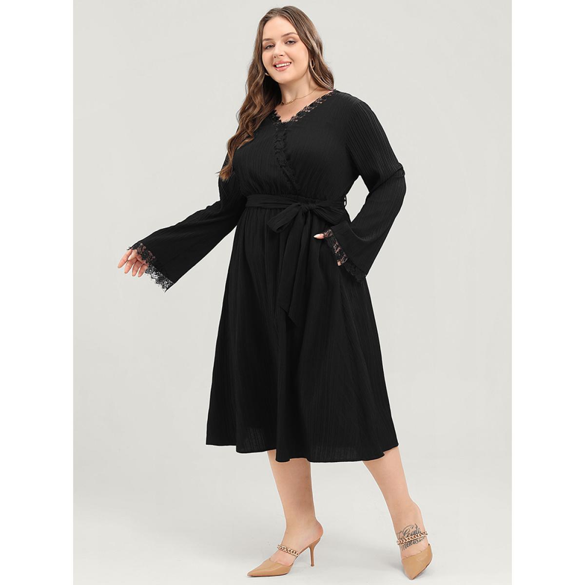 Plus Size Solid Textured Bell Sleeve Pocket Contrast Lace Belted Dress Black Women Elegant Lace V-neck Long Sleeve Curvy Midi Dress BloomChic 28/5X Product Image