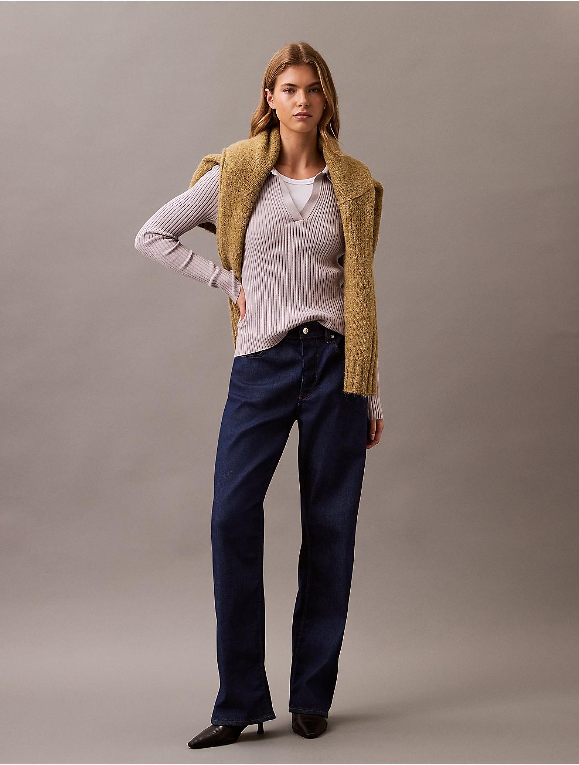 Calvin Klein Women's Smooth Cotton Rib Long Sleeve Polo Sweater - Grey - XL Product Image