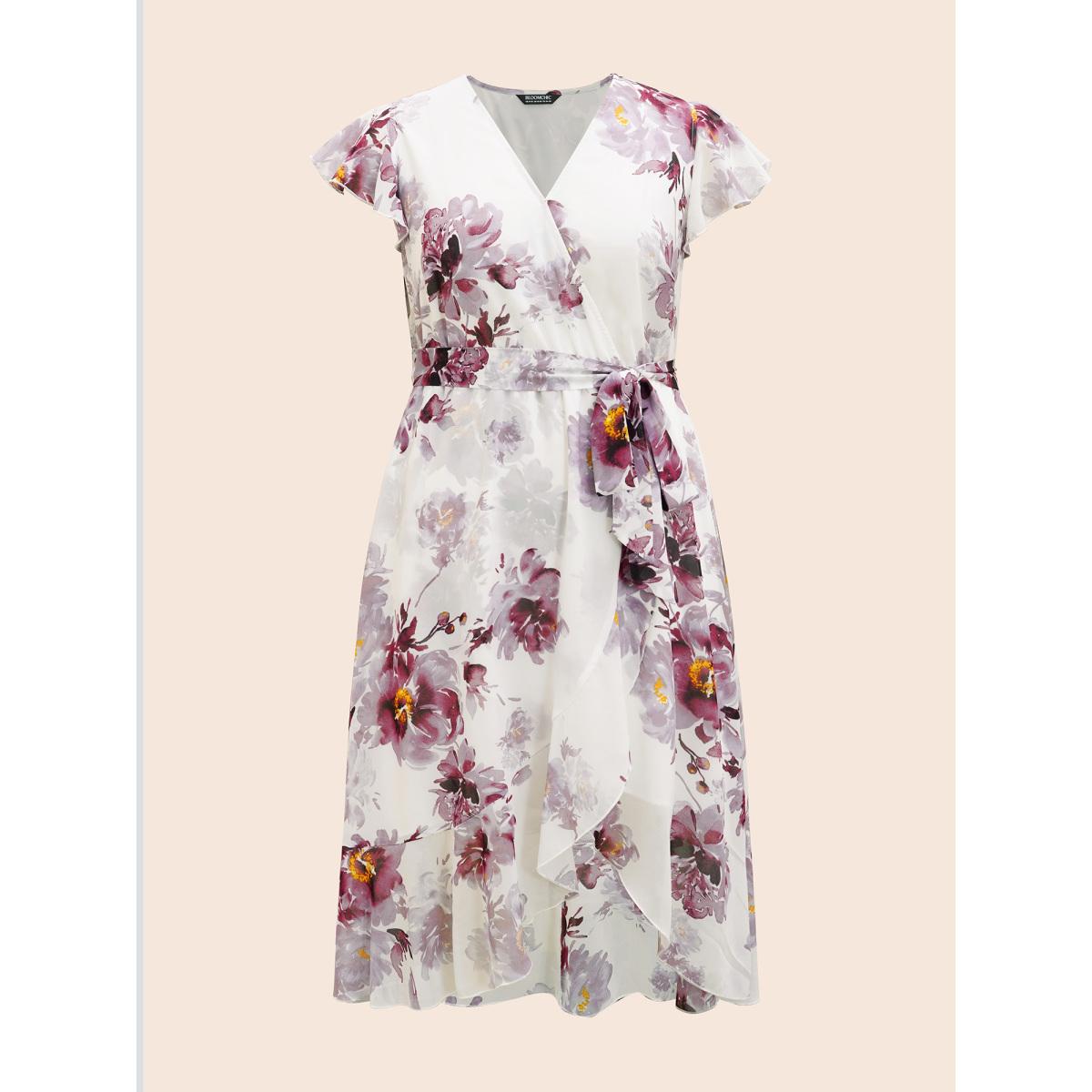 Plus Size Floral Overlap Collar Ruffle Cap Sleeve Dress Mauve Women Elegant Belted Overlap Collar Cap Sleeve Curvy BloomChic 22-24/3X Product Image