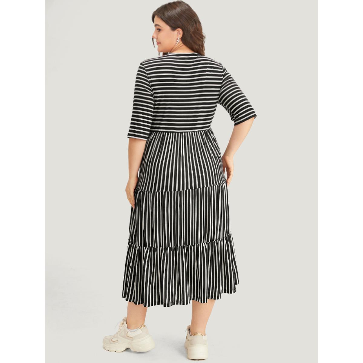 Plus Size Striped Crew Neck Ruffle Layered Hem Dress Black Women Casual Printed Round Neck Half Sleeve Curvy Midi Dress BloomChic 18-20/2X Product Image