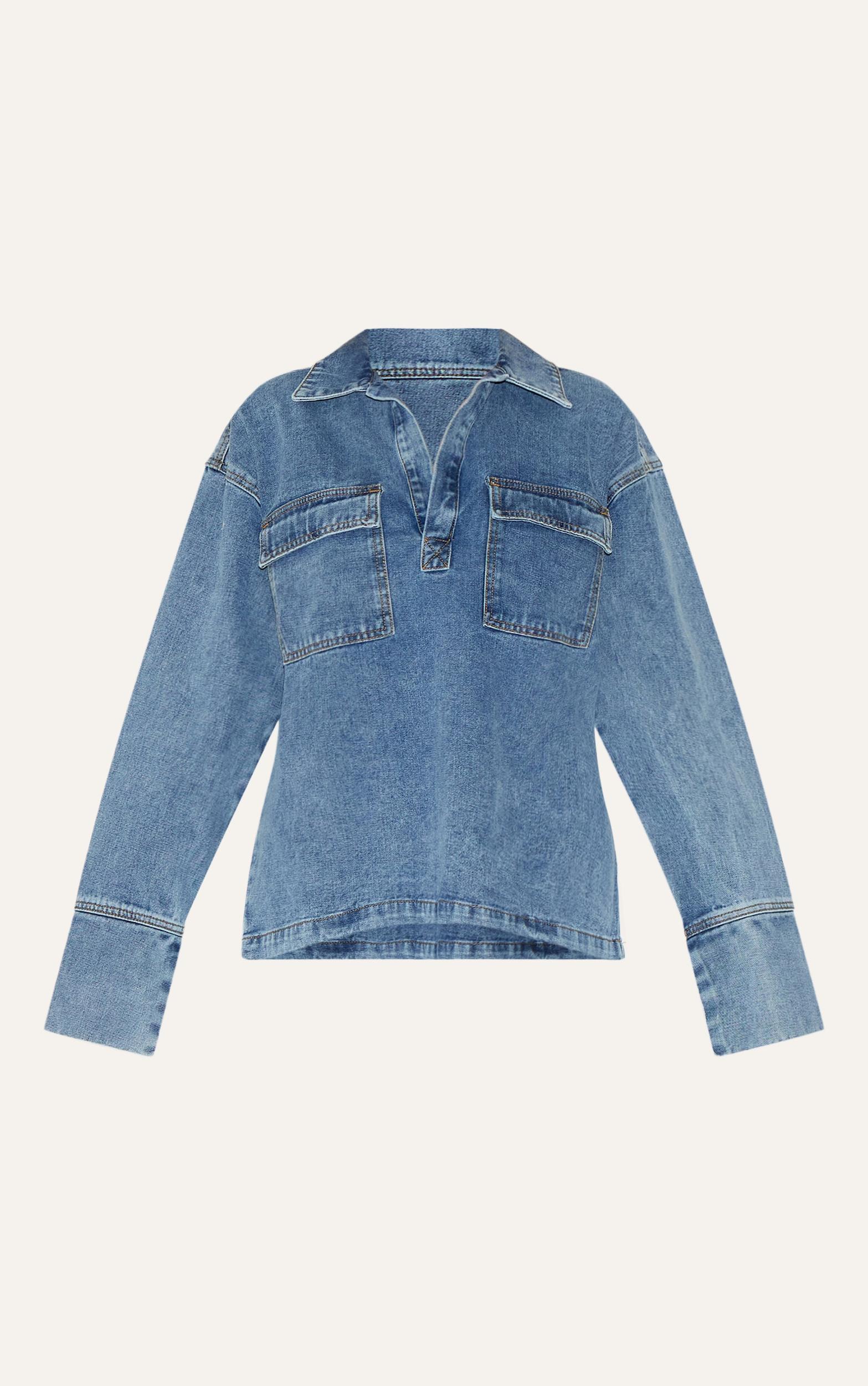 Vintage Blue Long Sleeve Slouchy Denim Rugby Shirt Product Image