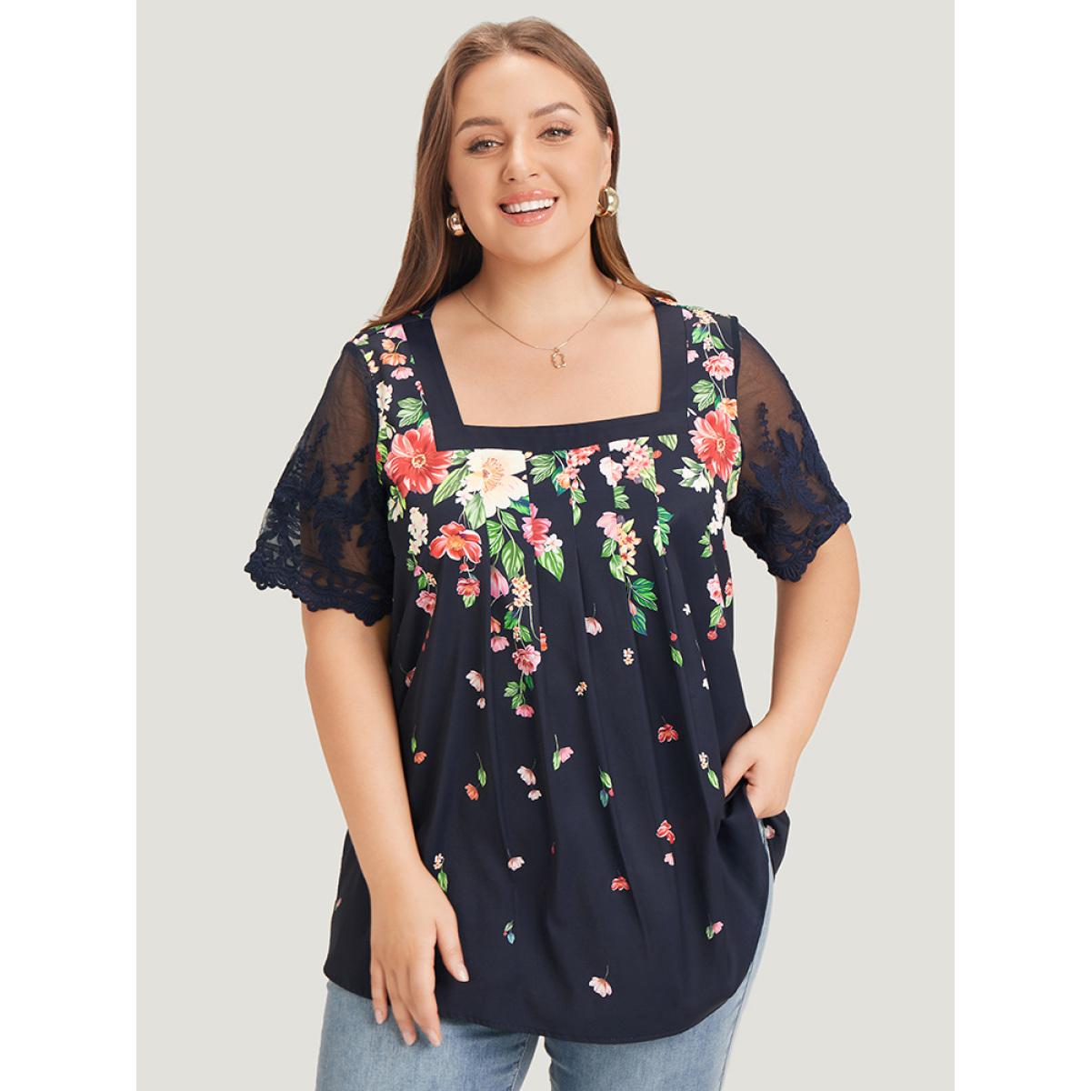 Plus Size Indigo Floral Pleated Mesh Lace Sleeve Square Neck Blouse Women Vacation Short sleeve Square Neck Dailywear Blouses BloomChic 26/4X Product Image