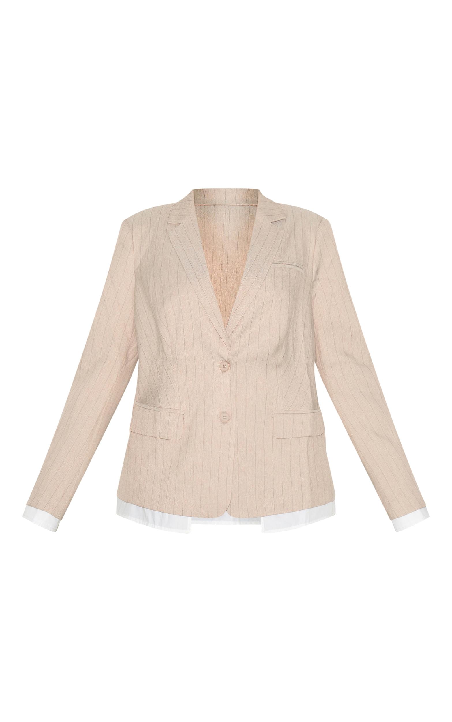 Plus Taupe Pinstripe Shirt Detail Blazer Product Image